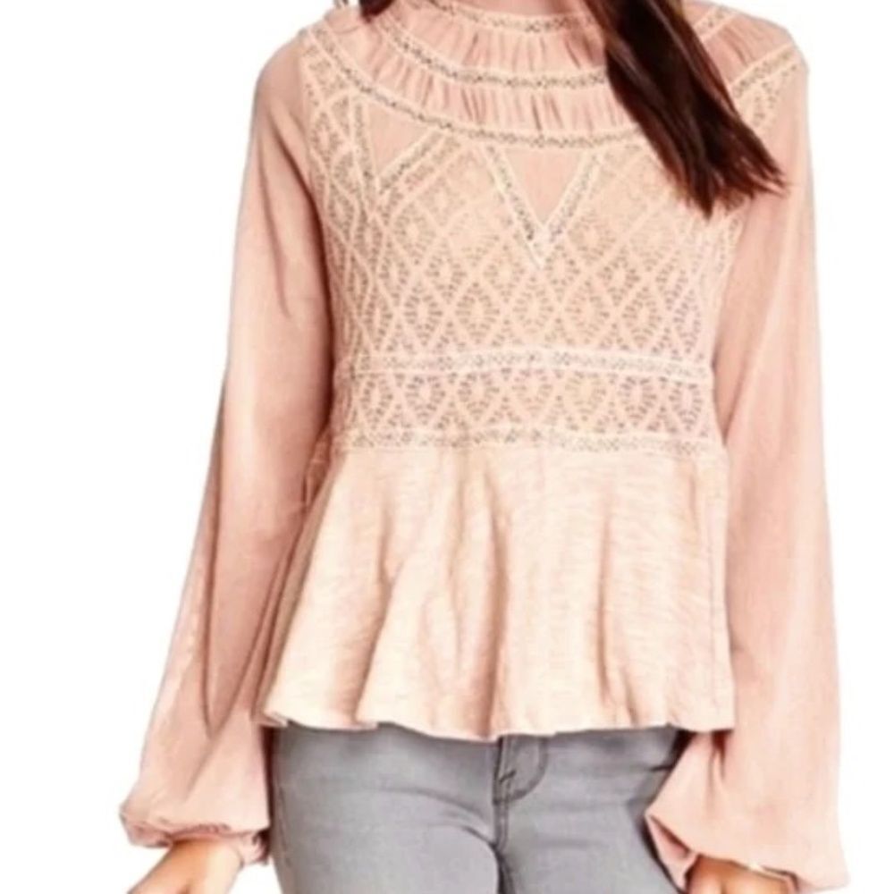 Free People English Rose Dusty Mauve Bishop‎ Sleeve Peplum Top Sz M